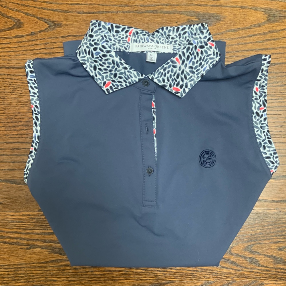 Fairway & Greene polyester/spandex blue/patterned sleeveless golf shirt